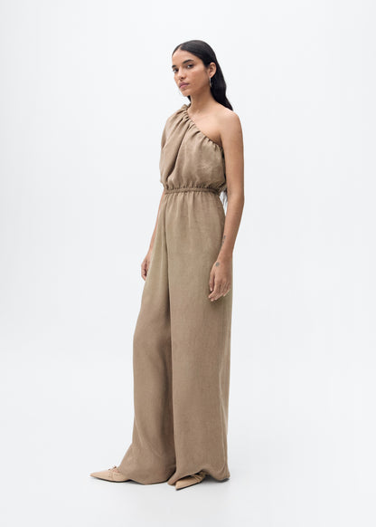 Long jumpsuit with asymmetrical gathered collar