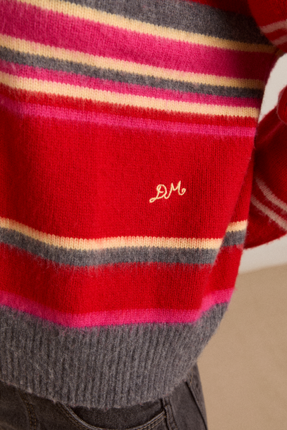 Rene Merino Wool V Jumper Pink/Red Stripe