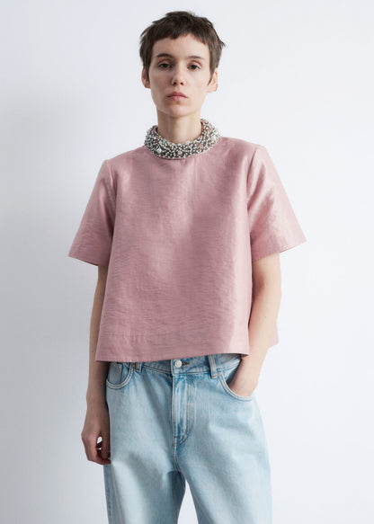 Short-Sleeve Pearl-Embroidered Blouse