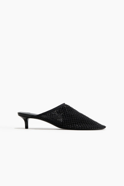 Heeled mesh mules