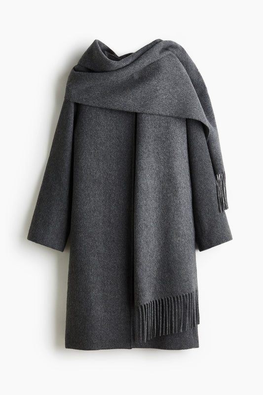 Scarf-detail wool-blend coat