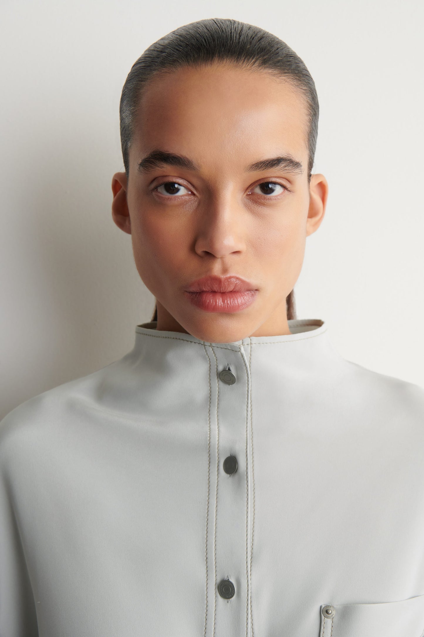 Denim-Effect Silk Funnel-Neck Shirt