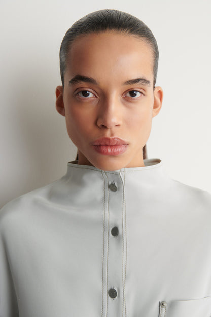 Denim-Effect Silk Funnel-Neck Shirt