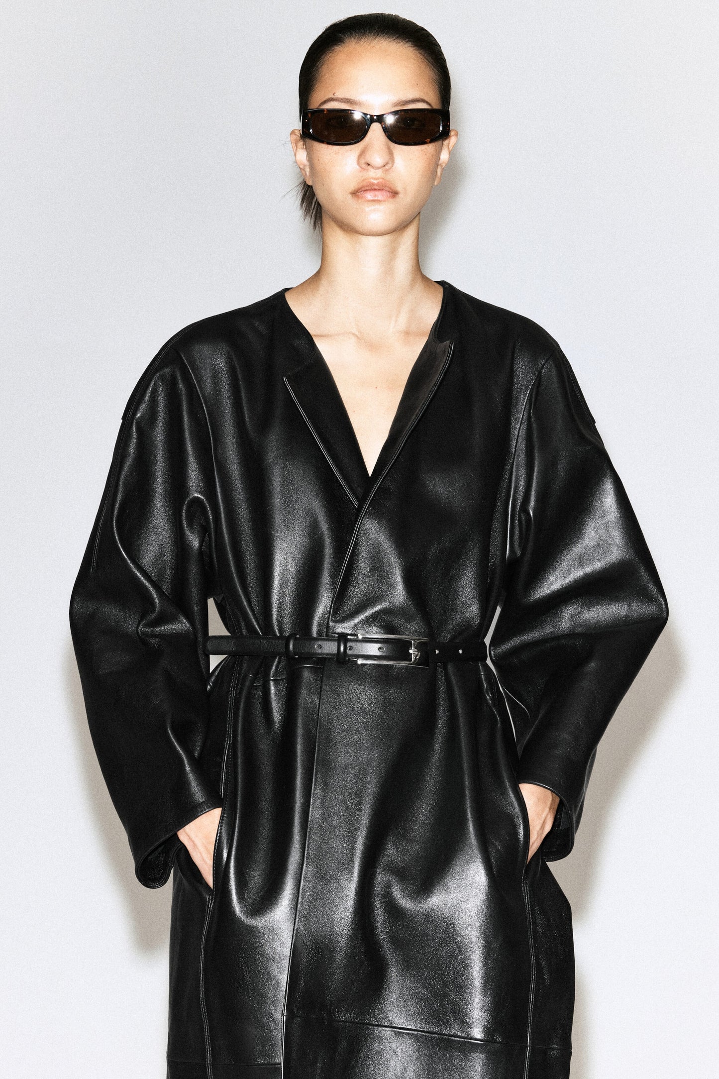 Panelled Leather Long Coat