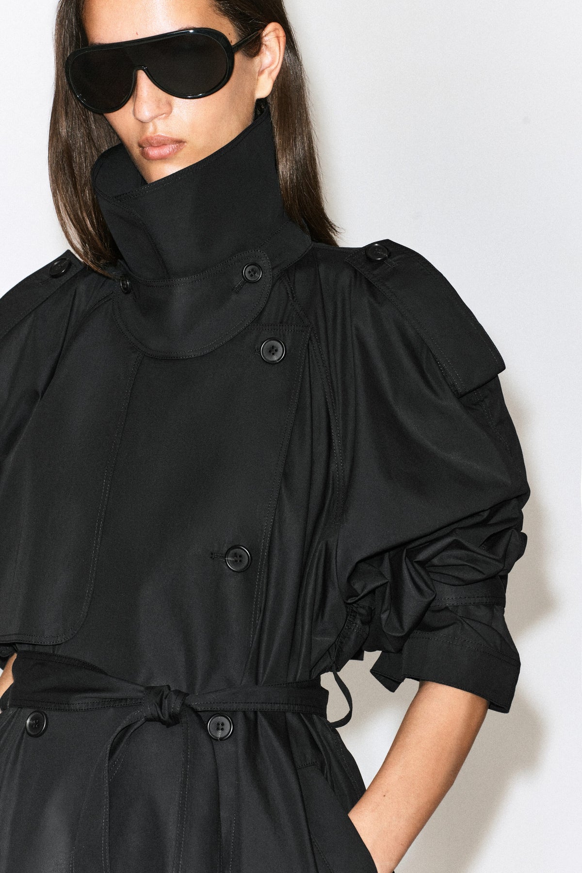 Funnel-Neck Cotton Trench Coat