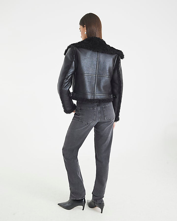 Black Faux Shearling Seam Aviator Jacket