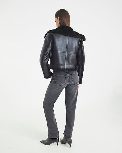 Black Faux Shearling Seam Aviator Jacket