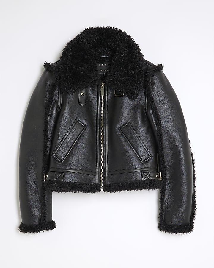 Black Faux Shearling Seam Aviator Jacket