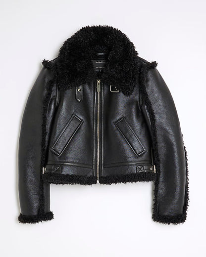 Black Faux Shearling Seam Aviator Jacket