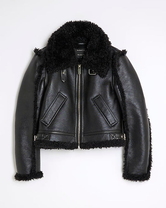 Black Faux Shearling Seam Aviator Jacket