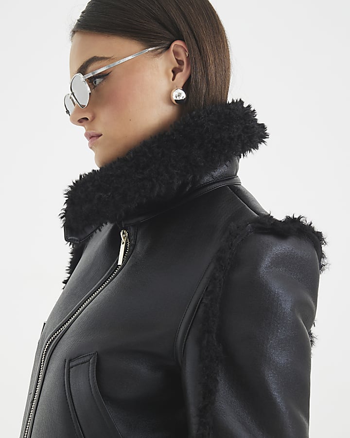 Black Faux Shearling Seam Aviator Jacket