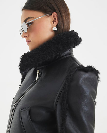 Black Faux Shearling Seam Aviator Jacket