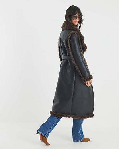 Black Faux Shearling Lined Belted Trench Coat