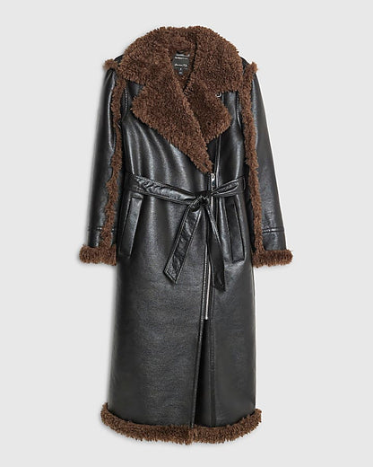 Black Faux Shearling Lined Belted Trench Coat