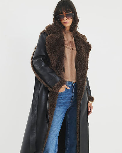 Black Faux Shearling Lined Belted Trench Coat