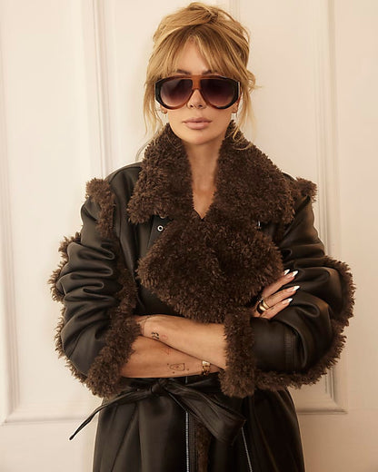 Black Faux Shearling Lined Belted Trench Coat