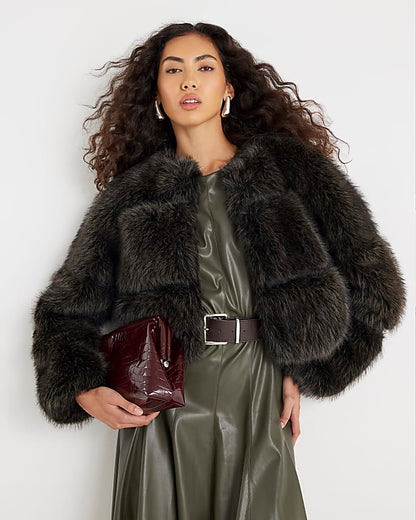 Brown Cropped Faux Fur Jacket