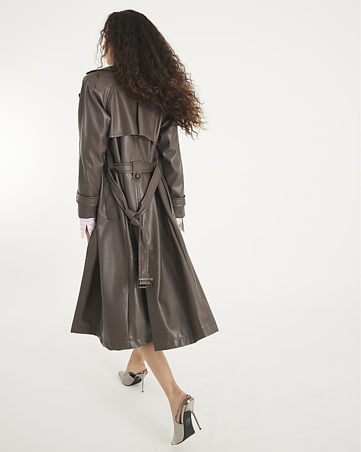 Brown Faux Leather Belted Trench Coat | River Island