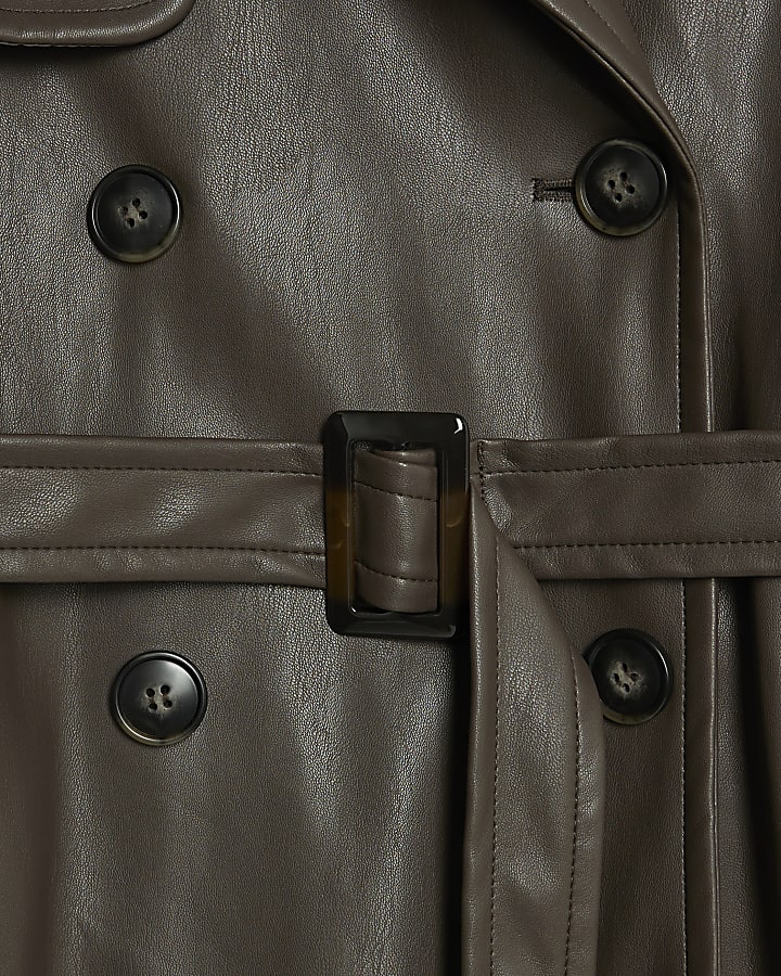 Brown Faux Leather Belted Trench Coat | River Island