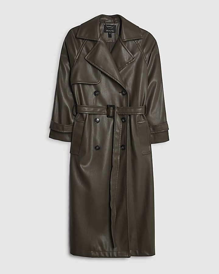 Brown Faux Leather Belted Trench Coat | River Island