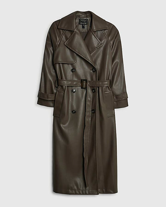 Brown Faux Leather Belted Trench Coat | River Island