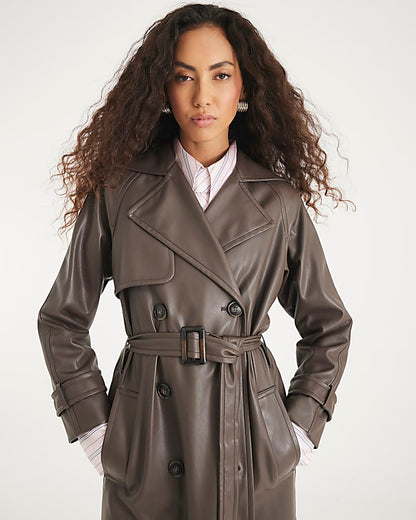 Brown Faux Leather Belted Trench Coat | River Island