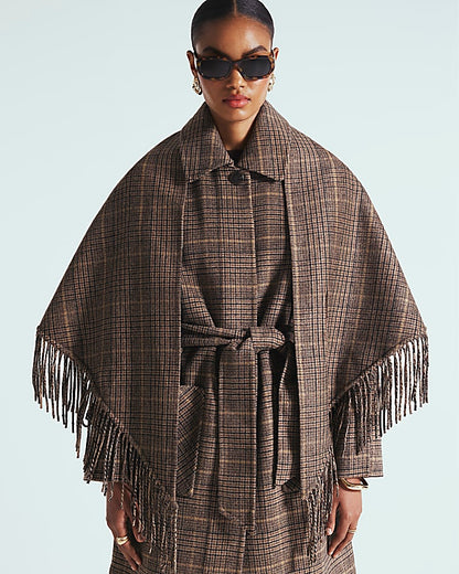 Brown Wool Blend Check Scarf And Trench Coat