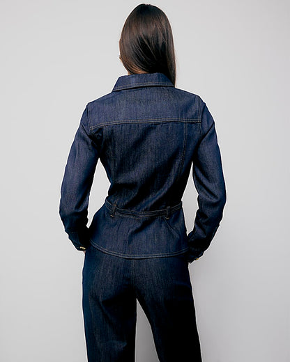 Indigo Denim Long Sleeve Belted Peplum Jacket | River Island