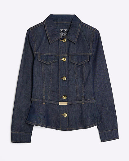 Indigo Denim Long Sleeve Belted Peplum Jacket | River Island