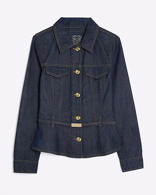 Indigo Denim Long Sleeve Belted Peplum Jacket | River Island