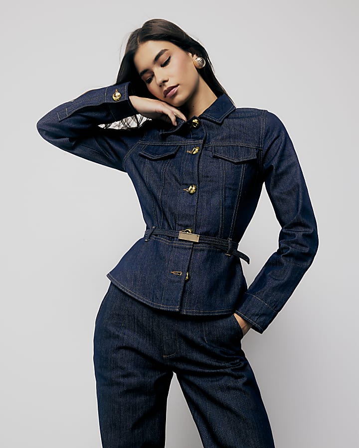 Indigo Denim Long Sleeve Belted Peplum Jacket | River Island