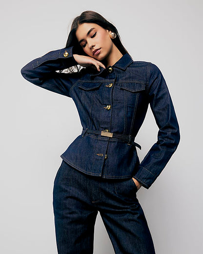 Indigo Denim Long Sleeve Belted Peplum Jacket | River Island