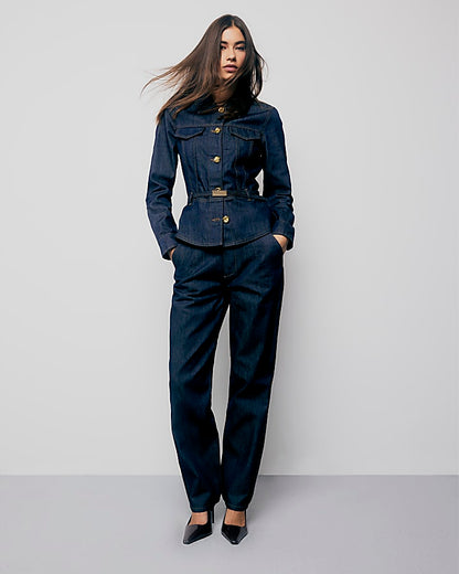 Indigo Denim Long Sleeve Belted Peplum Jacket | River Island