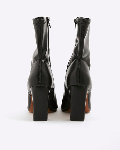 Black Square Toe Stretch Heeled Boots