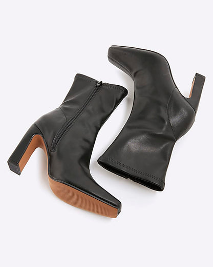 Black Square Toe Stretch Heeled Boots