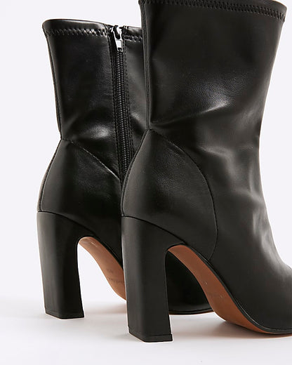 Black Square Toe Stretch Heeled Boots