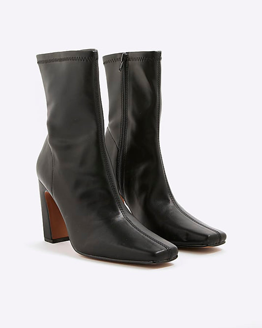 Black Square Toe Stretch Heeled Boots