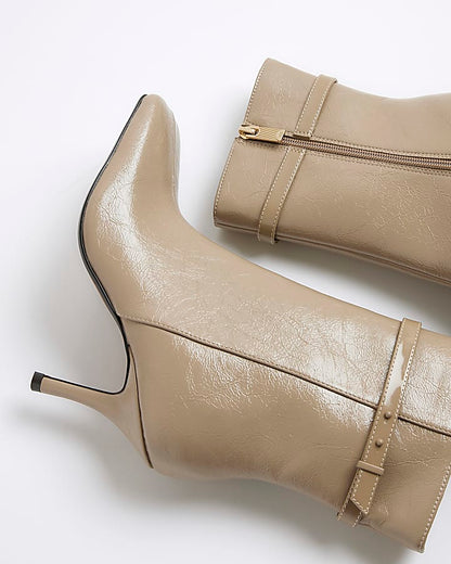 Beige Square Toe Heeled Ankle Boots