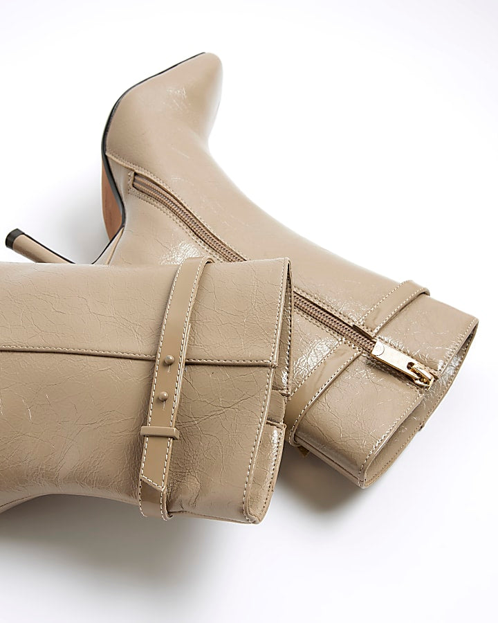 Beige Square Toe Heeled Ankle Boots