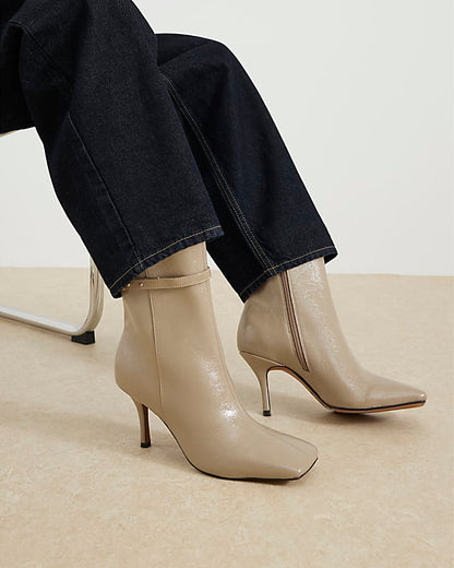 Beige Square Toe Heeled Ankle Boots
