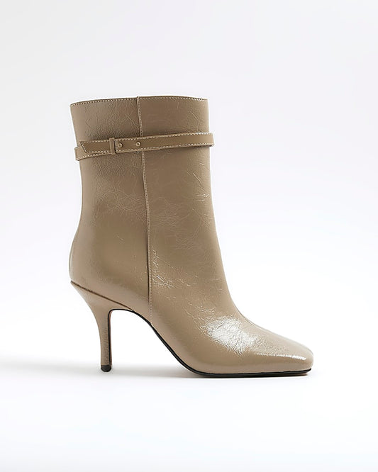 Beige Square Toe Heeled Ankle Boots