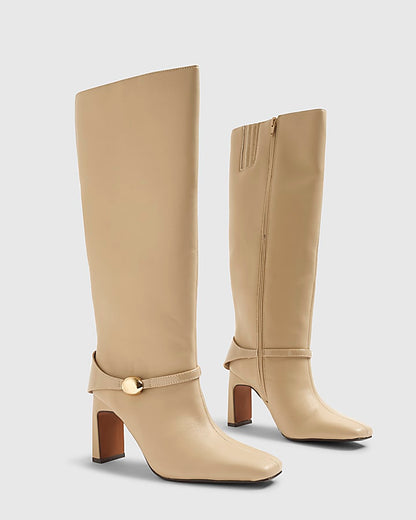 Beige High Leg Gold Hardware Boots