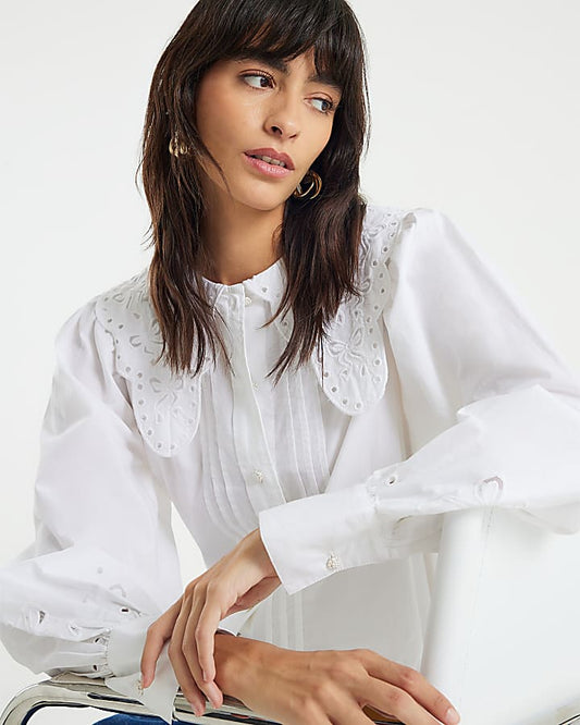 White Long Sleeve Collared Blouse