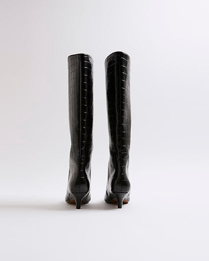Black Croc Textured Knee High Boots