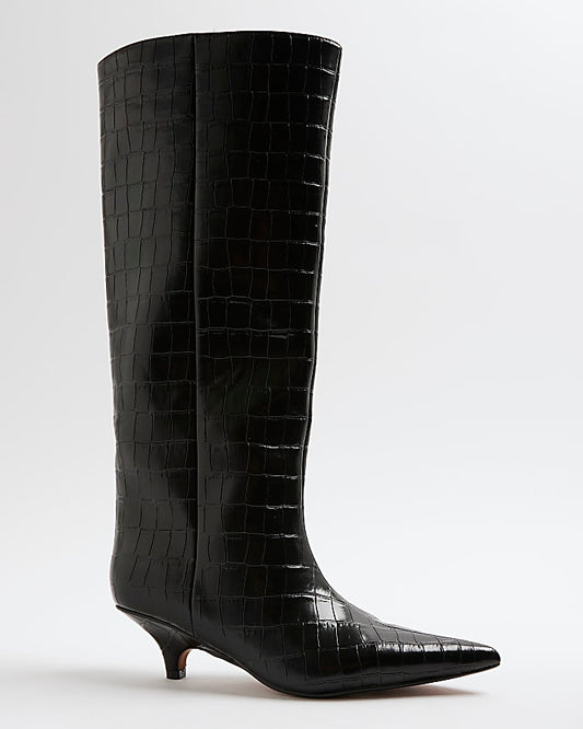 Black Croc Textured Knee High Boots