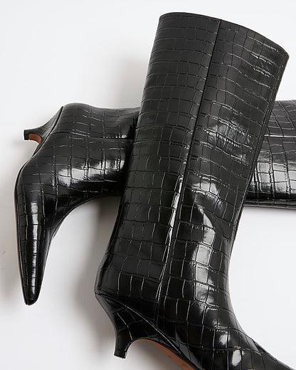 Black Croc Textured Knee High Boots