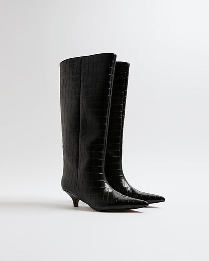 Black Croc Textured Knee High Boots