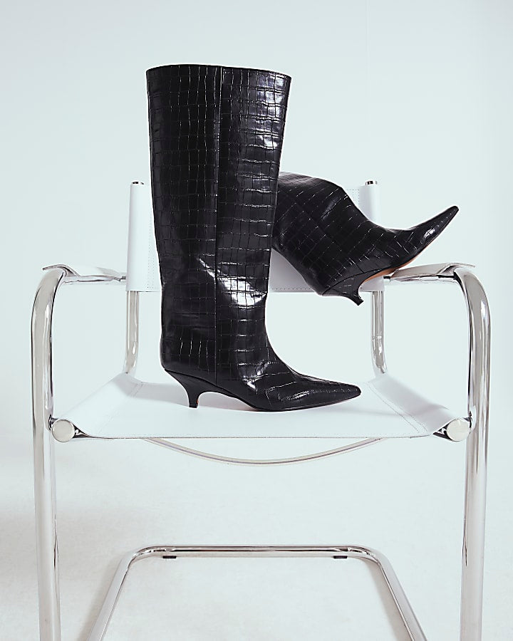 Black Croc Textured Knee High Boots