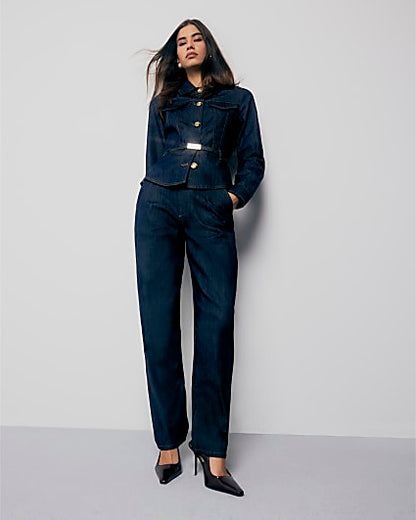 Indigo Denim Long Sleeve Belted Peplum Jacket | River Island