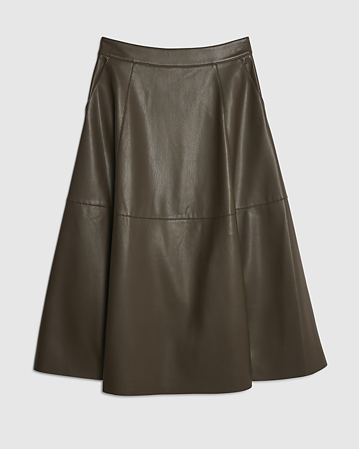 Brown Faux Leather Midi Skirt